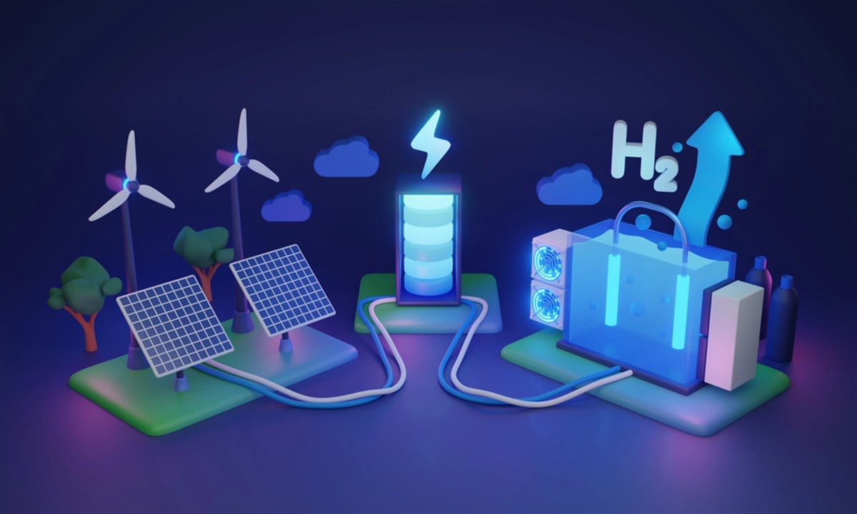 Hydrogen energy and H2 source electricity power production 3D illustration. Sustainable and environmental generator type for alternative off grid and nature friendly solution. Blue battery station. — Photo