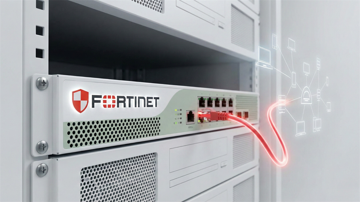 Fortinet firewall appliance in a server rack with glowing network diagram, symbolizing cybersecurity-driven rebound.