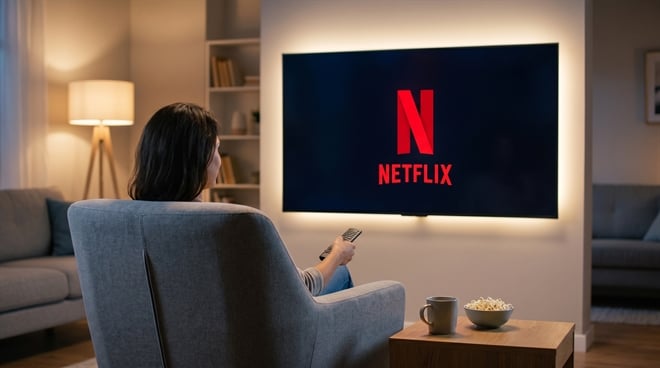 A person holds a remote control while seated in front of a television displaying the Netflix logo.