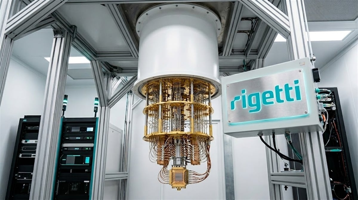Rigetti Computing quantum processor suspended from a cylindrical dilution refrigerator unit in a lab setting.