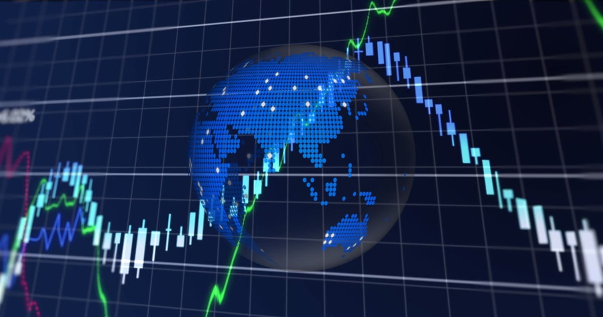 Financial data processing over grid network against spinning globe icon on blue background. global economy and business concept — Photo
