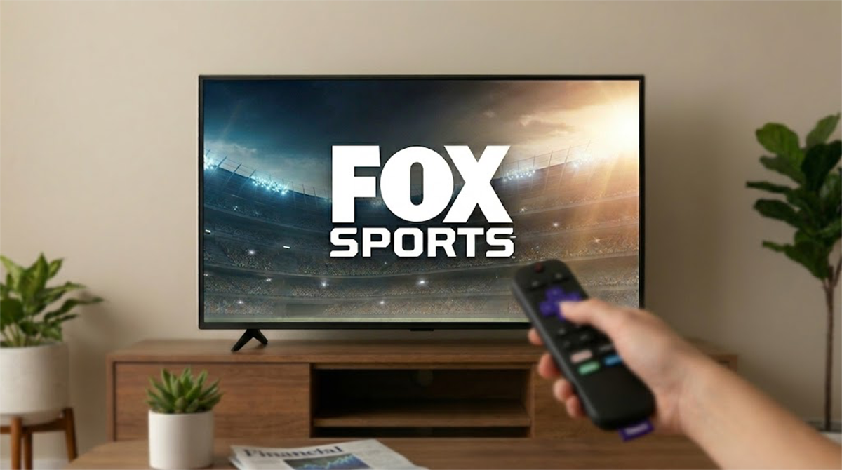 A person points a Roku remote at a television displaying the Fox Sports logo.