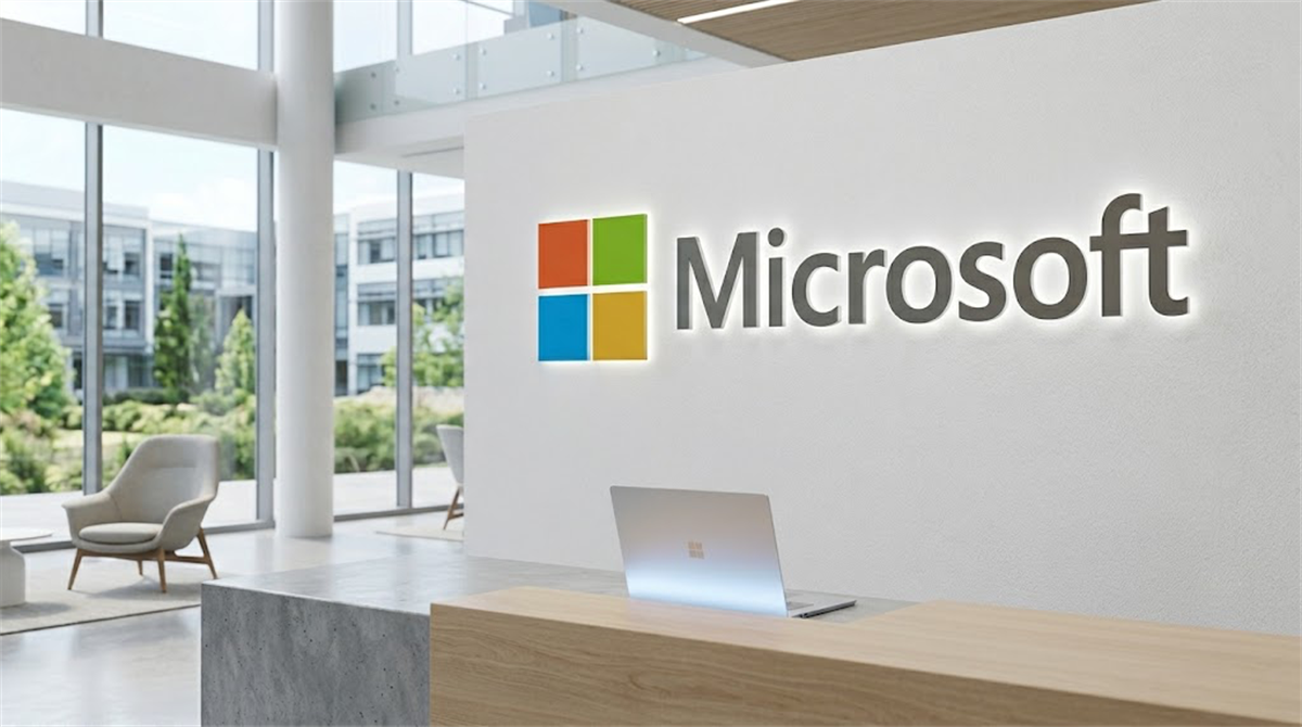 A bright, modern corporate reception area featuring a prominent Microsoft logo on a white wall behind a wooden desk with a silver laptop.