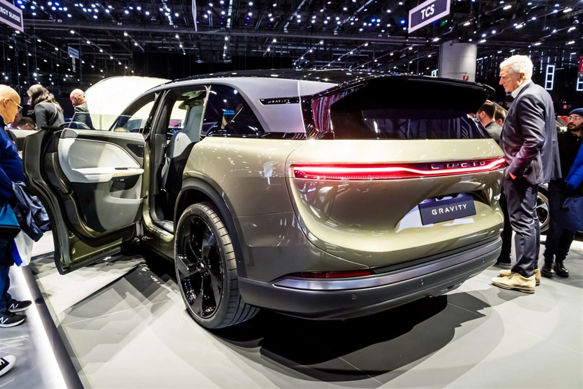 Lucid gravity electric suv at a motor show