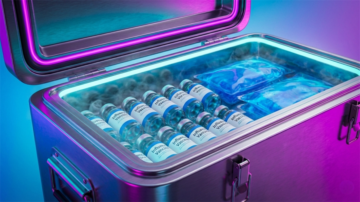 Chilled vaccine vials stored in a medical cooler highlight biotech manufacturing, cold-chain logistics.