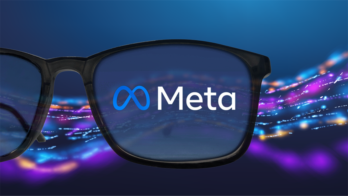 Meta logo reflected in smart glasses highlights the company’s push into AR wearables and immersive tech growth.
