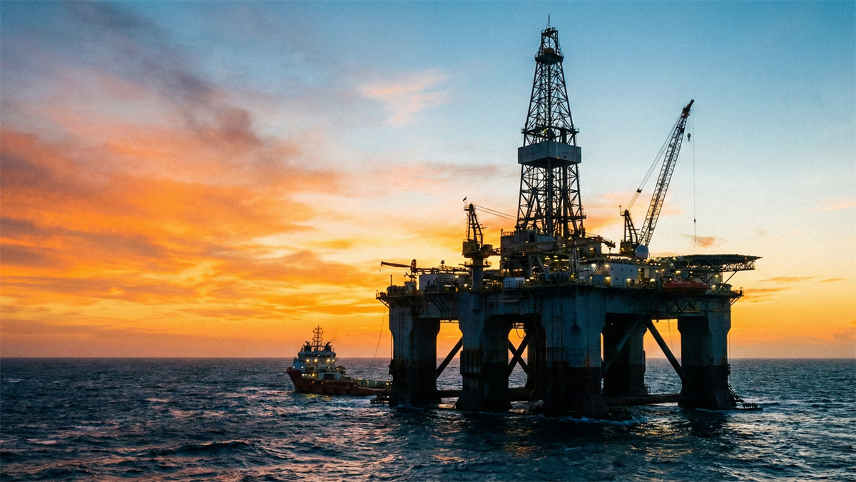 Offshore oil drilling rig at sunset on open ocean, with a support vessel nearby and warm orange sky reflections.
