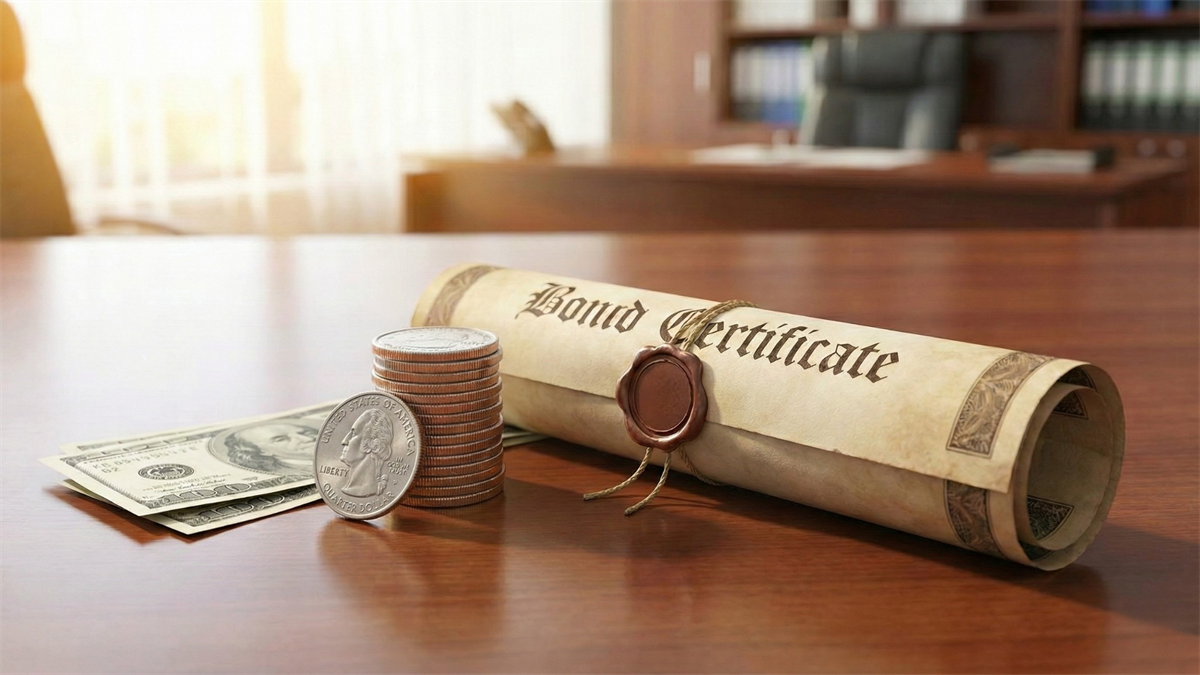 Rolled bond certificate beside stacked coins and cash on a desk, symbolizing high-yield bond income and defensive ETF investing.