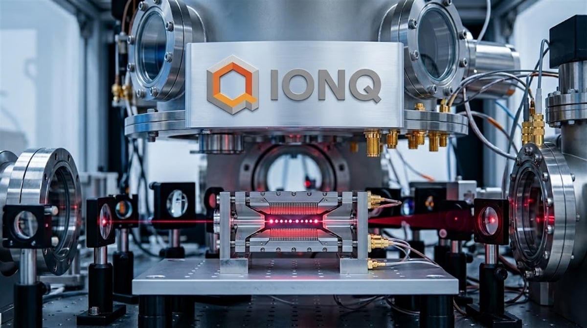 IonQ logo displayed above quantum computing hardware with ion trap and laser components in a laboratory setting.