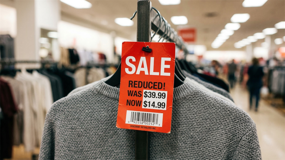Discount retail clothing rack with bright red sale tag showing steep price drop, symbolizing bargain shopping and price-sensitive consumers.