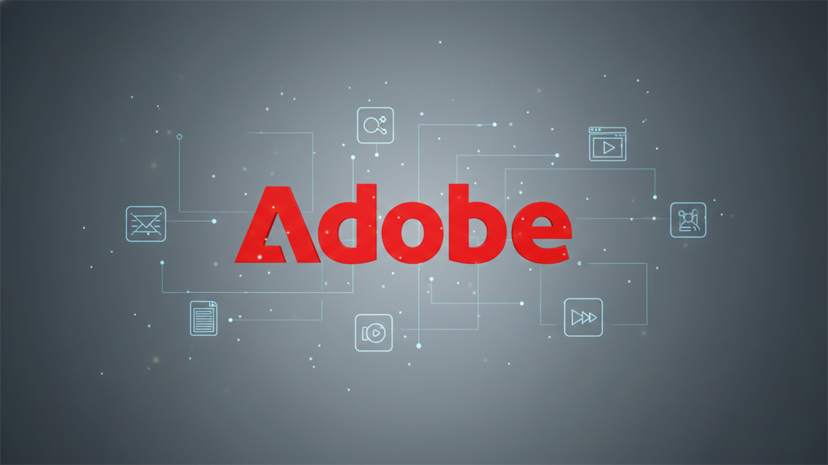 Adobe logo centered with glowing icons representing creative and digital tools around it.