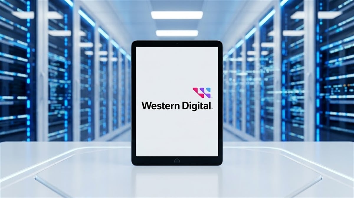 Western Digital logo displayed on a tablet screen in front of a data center server room.
