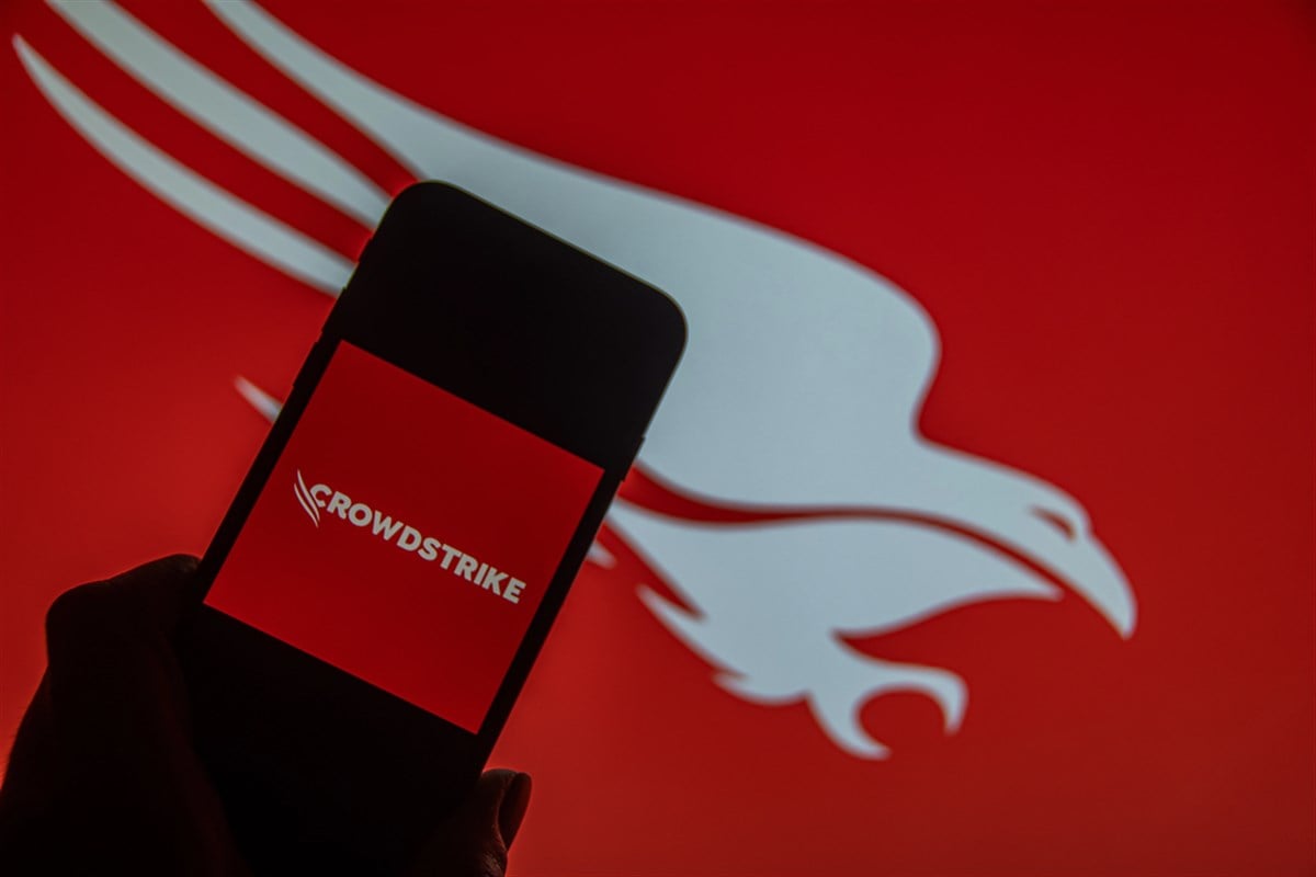 Smartphone displays the CrowdStrike logo against a red hawk backdrop as investors weigh earnings targets and valuation risks.