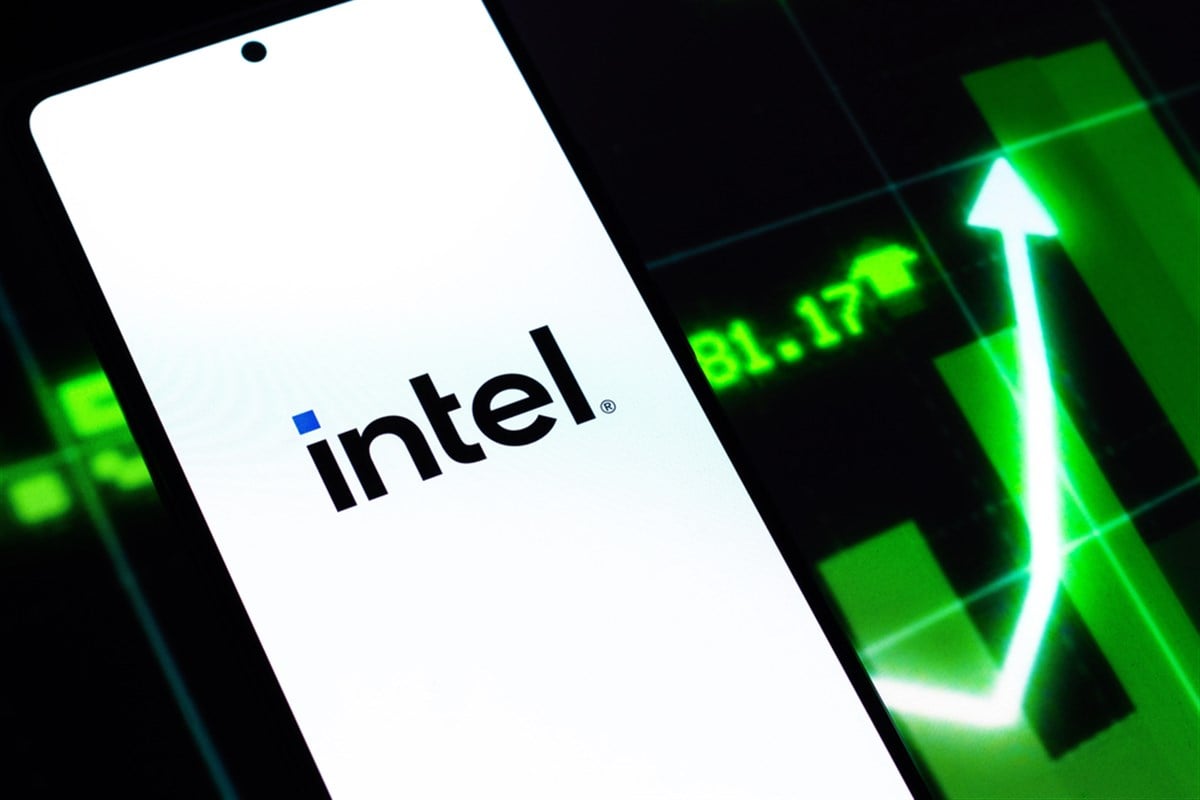 Intel logo on rising stock chart background