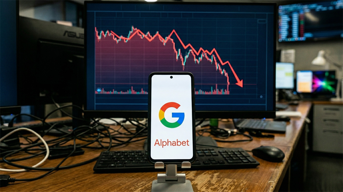 Smartphone displaying Alphabet logo in front of a sharply declining stock chart, highlighting tech stock downturn.