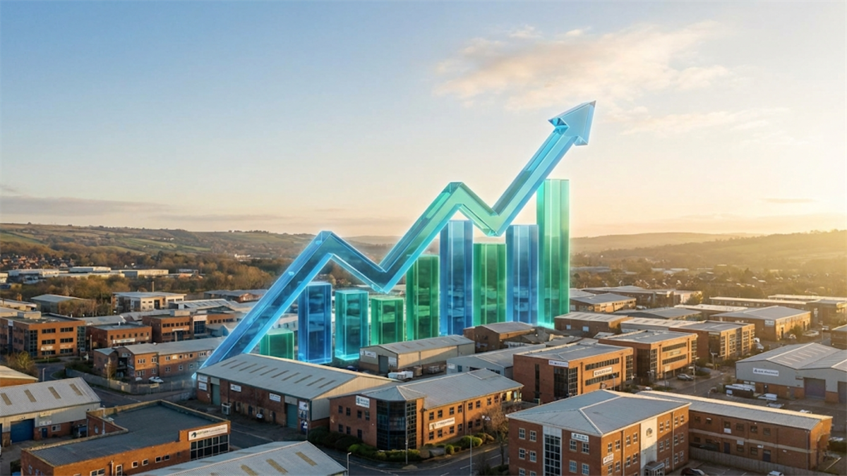 Rising 2026 growth chart emerging over an industrial cityscape.