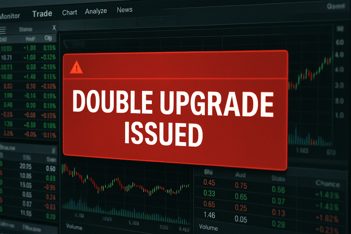 Double Upgrade Issued stock metrics - This image is an original composition by MarketBeat using licensed and editorial elements. Not for redistribution or reuse.