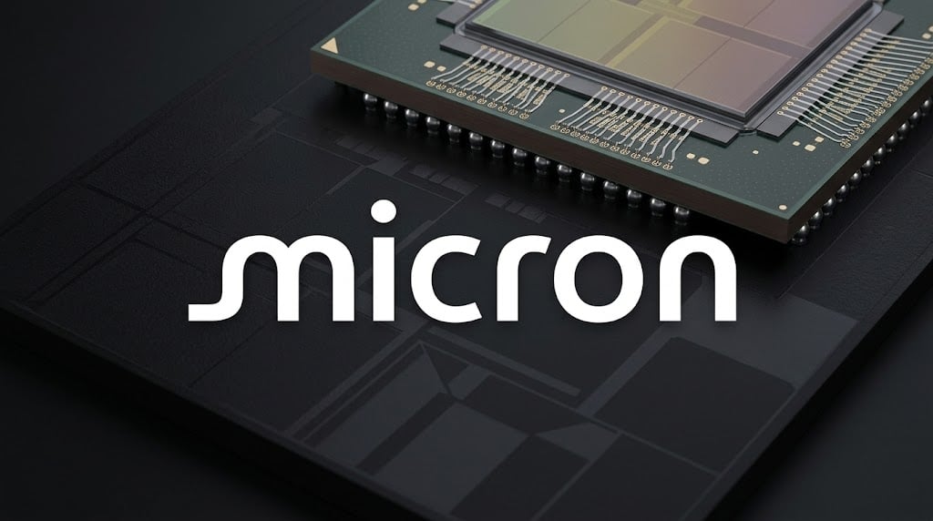 Micron Technology logo displayed over a close-up render of a semiconductor memory chip.