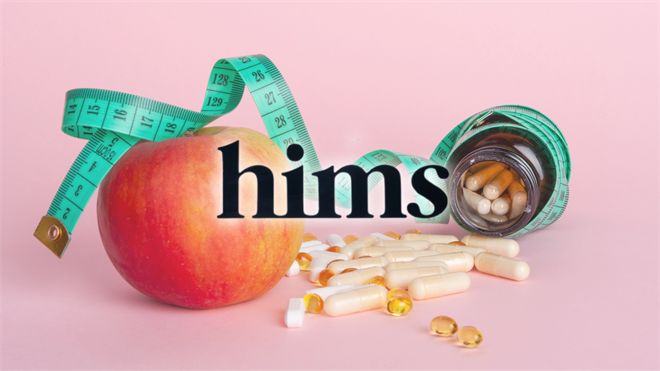 Hims logo overlaid on a pink background with an apple, measuring tape, and assorted supplement capsules.
