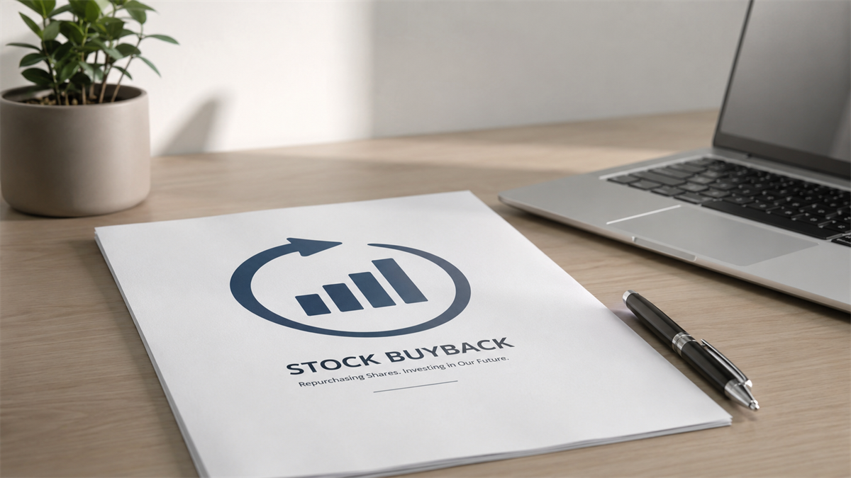 A document labeled "Stock Buyback" rests on a desk beside a pen and laptop.