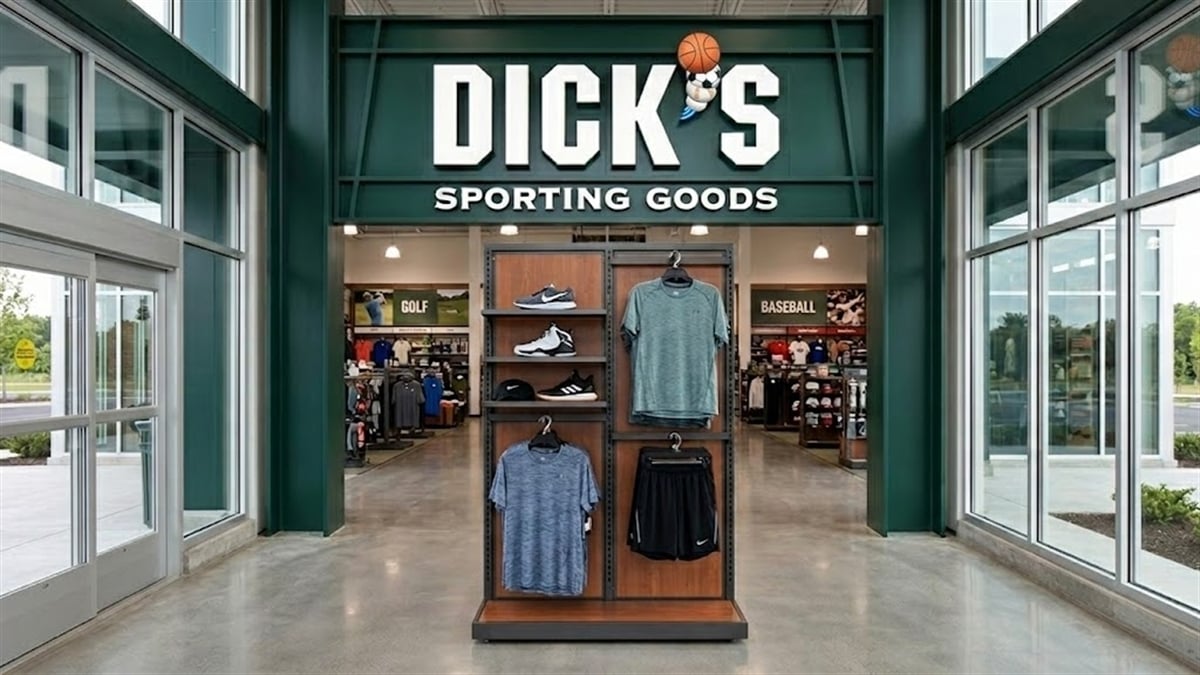 Interior entrance of a Dick's Sporting Goods retail store displaying athletic apparel and footwear.