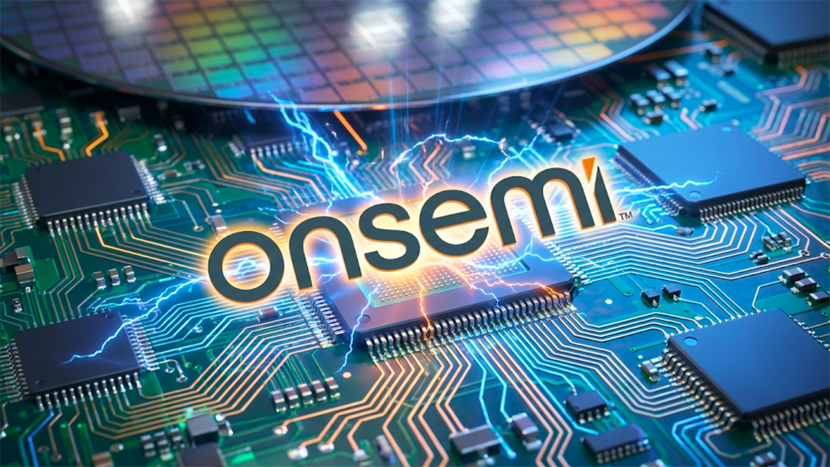 Onsemi logo over semiconductor circuitry and wafer, highlighting power chip demand and stock momentum.