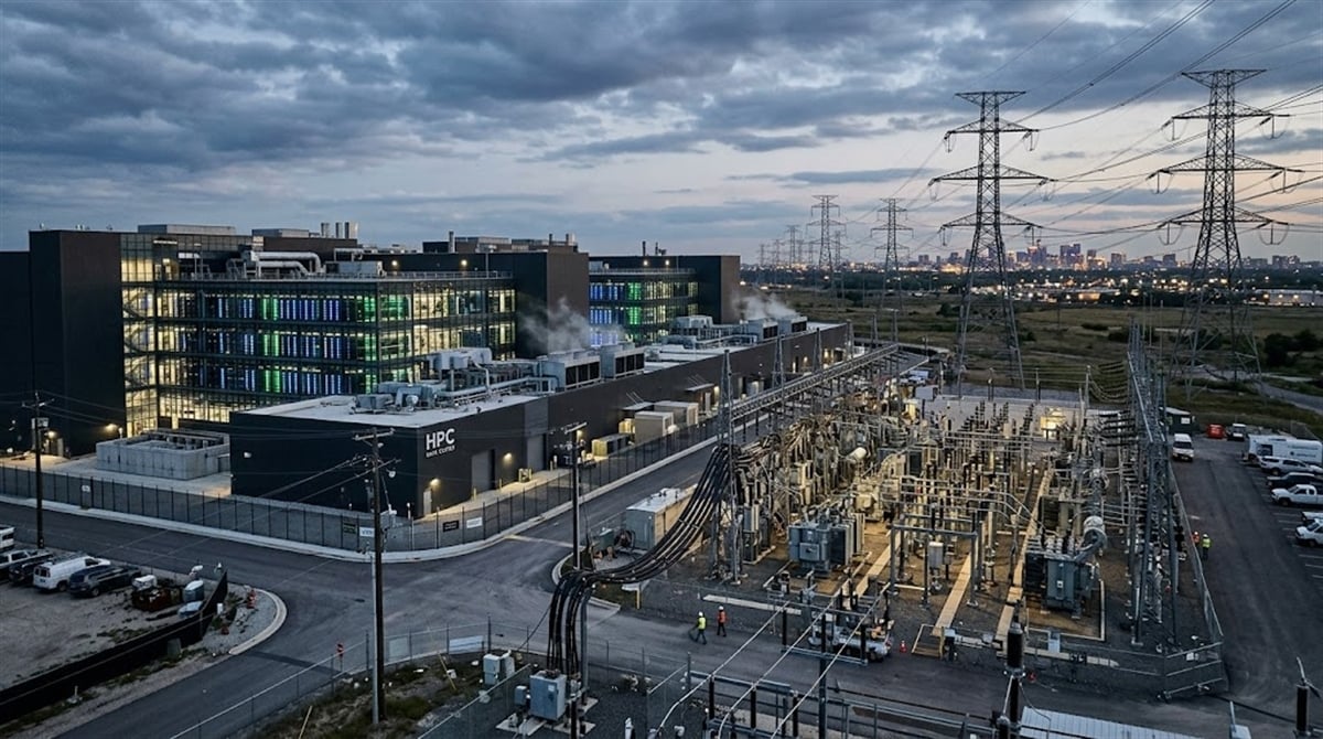 Aerial dusk view of an HPC data center campus with an adjacent electrical substation and transmission towers.