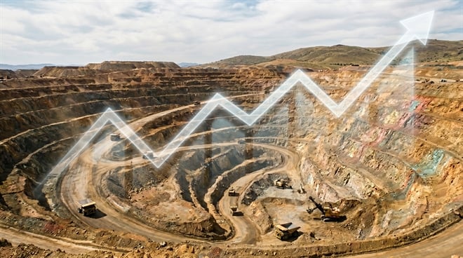 An aerial view of an open-pit mine with heavy equipment, overlaid with an upward-trending stock price chart graphic.