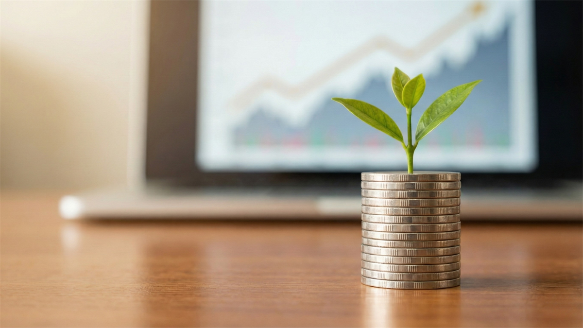 A stack of coins with a small green plant on top sits in front of a laptop displaying an upward-trending stock chart.