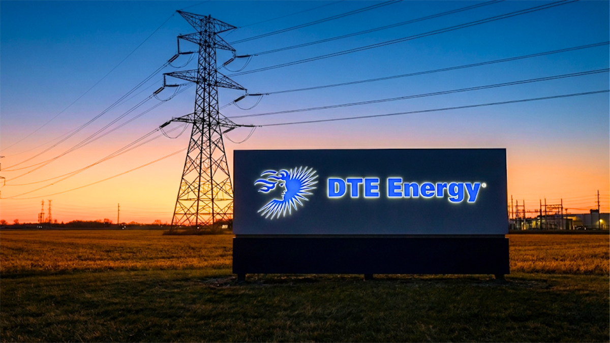 DTE Energy sign near power lines at sunset, highlighting utility grid infrastructure.