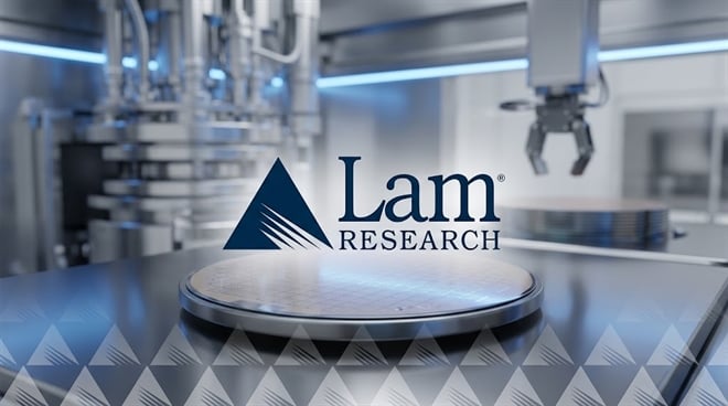 Lam Research logo centered over a silicon wafer in a semiconductor cleanroom.