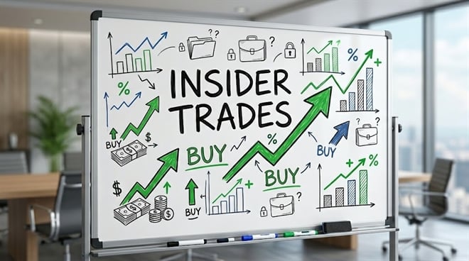 An office whiteboard displaying the text 'INSIDER TRADES' surrounded by hand-drawn financial charts, green upward arrows, and money icons.