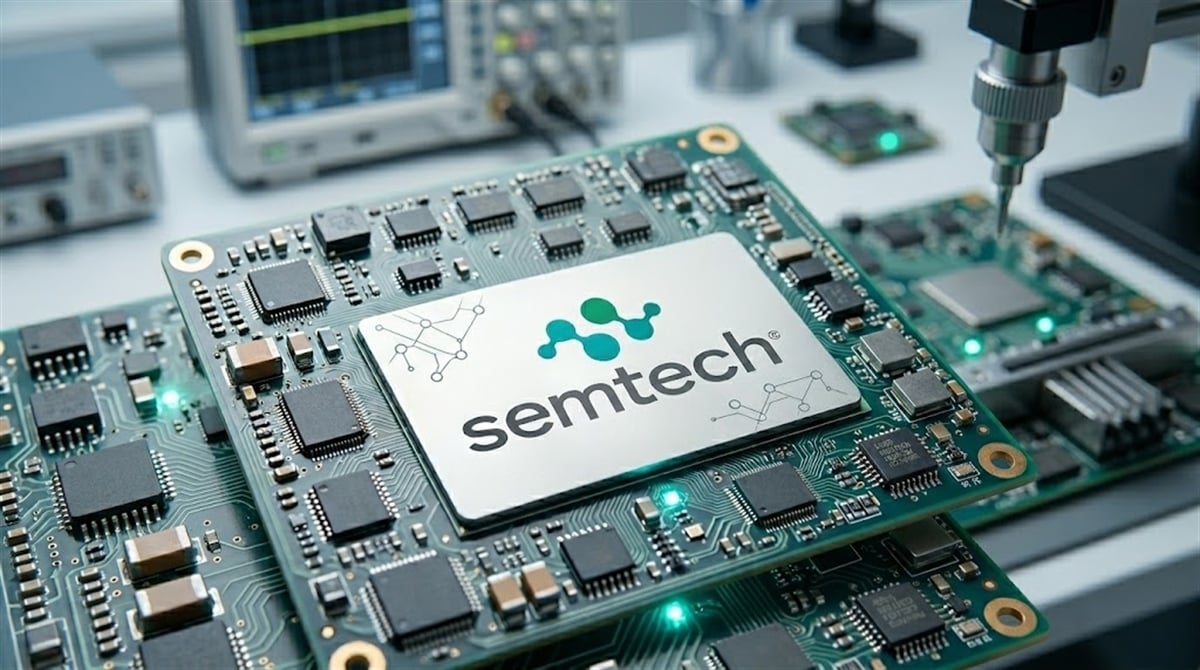 Semtech logo displayed on a circuit board surrounded by semiconductor components in a lab setting.
