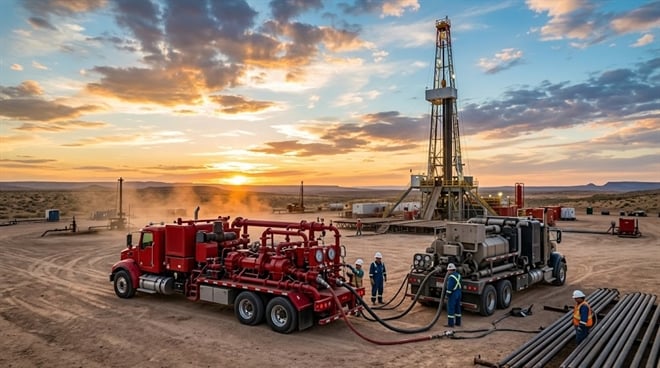 Oil field workers with large pump trucks and a drilling rig derrick at sunset.