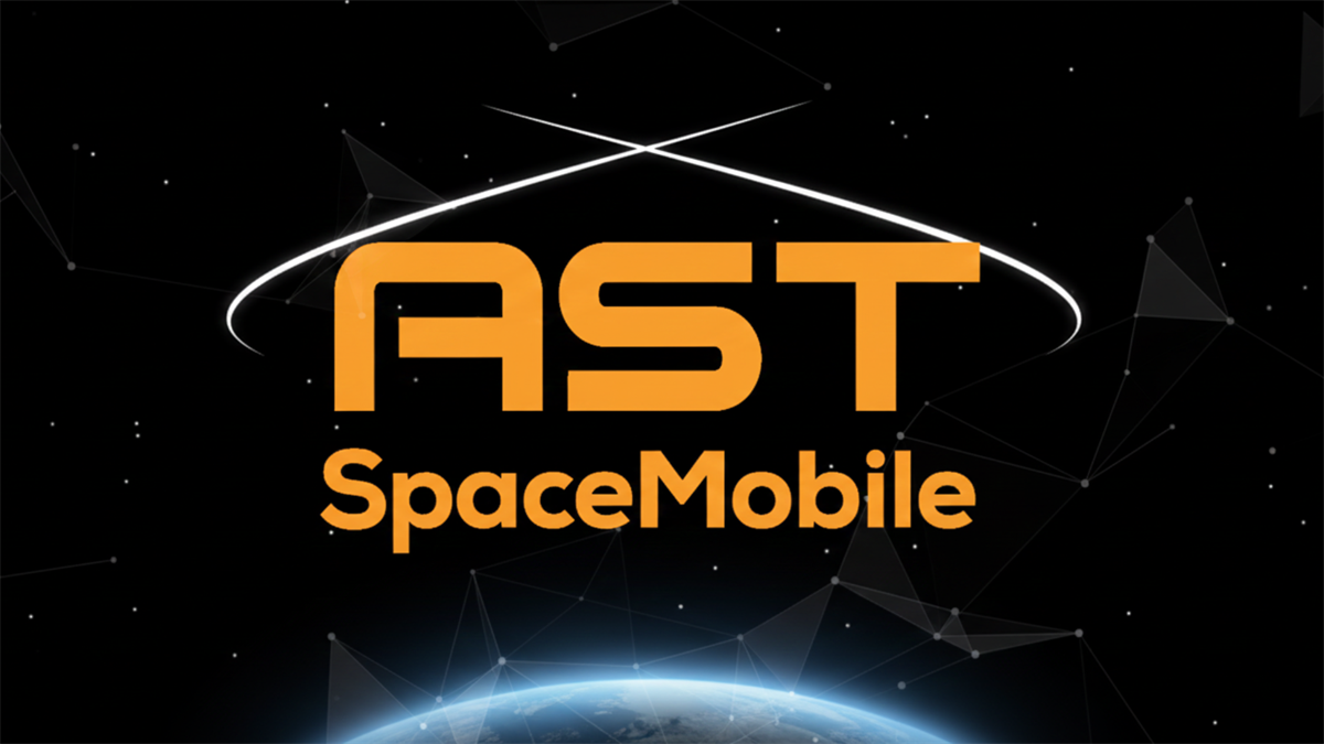 AST SpaceMobile logo in bold orange lettering floating above Earth against a dark, star-filled space background with subtle network-style connection lines.