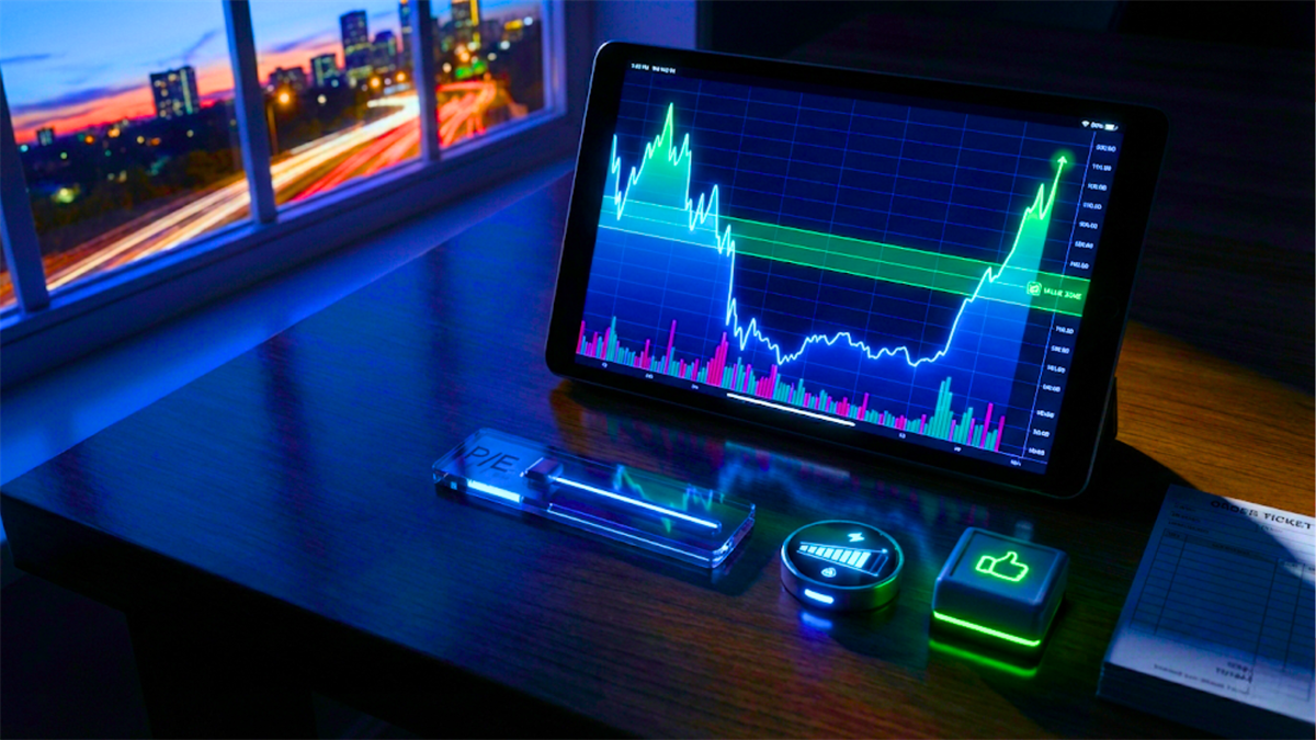 Tablet displays a stock chart rebounding from a highlighted support zone, symbolizing undervalued stocks.