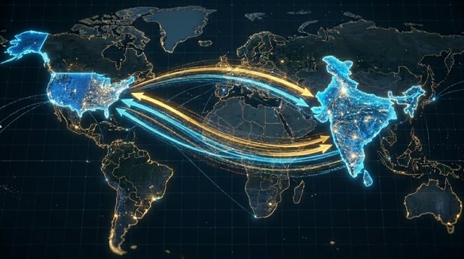 A stylized world map highlights bilateral trade or data flow arrows between the United States and India.