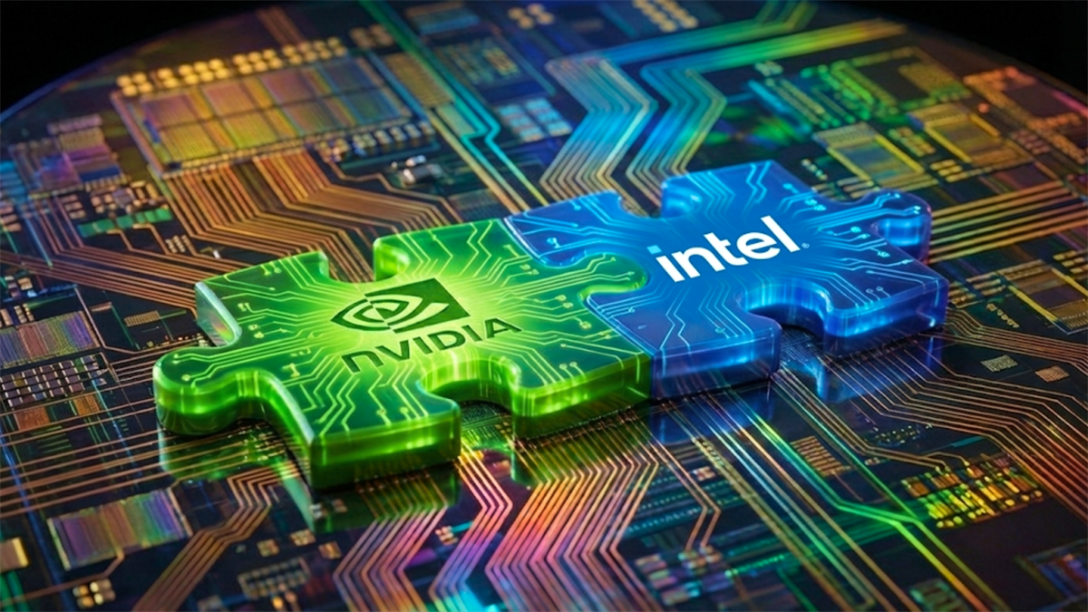 NVIDIA and Intel puzzle pieces interlock on a semiconductor, symbolizing chip collaboration and industry alignment.