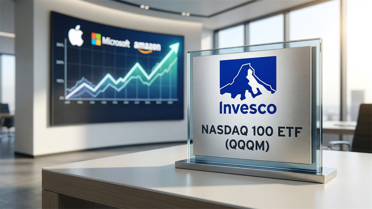 Display of Invesco QQQM Nasdaq 100 ETF with Apple, Microsoft and Amazon stock chart signaling rebound potential.