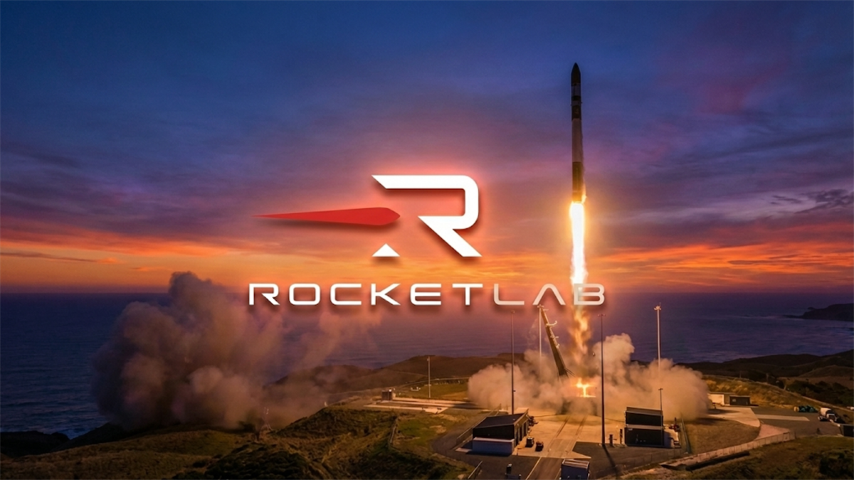 Rocket Lab logo over orbital rocket launch highlights commercial spaceflight growth and aerospace sector trends.