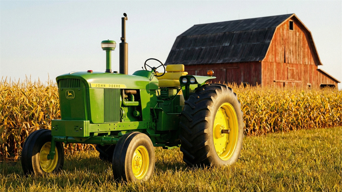 Green John Deere tractor parked by a cornfield with a red barn in the background at sunset.