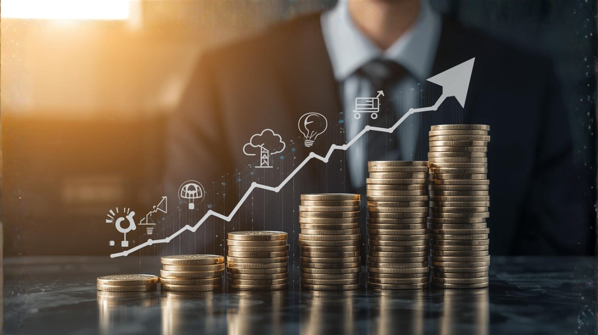 Stacks of rising gold coins align with an upward financial chart and energy-sector icons, signaling growing energy-stock dividends.