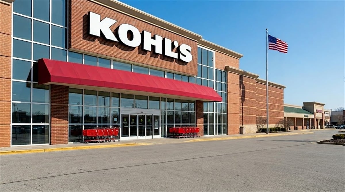Exterior of a Kohl's retail store with red shopping carts outside the entrance.