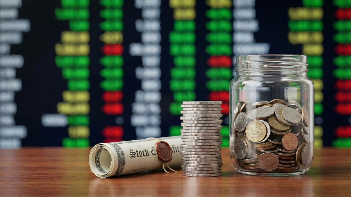 A rolled stock certificate, a stack of coins, and a jar of coins sit before a blurred stock ticker board.
