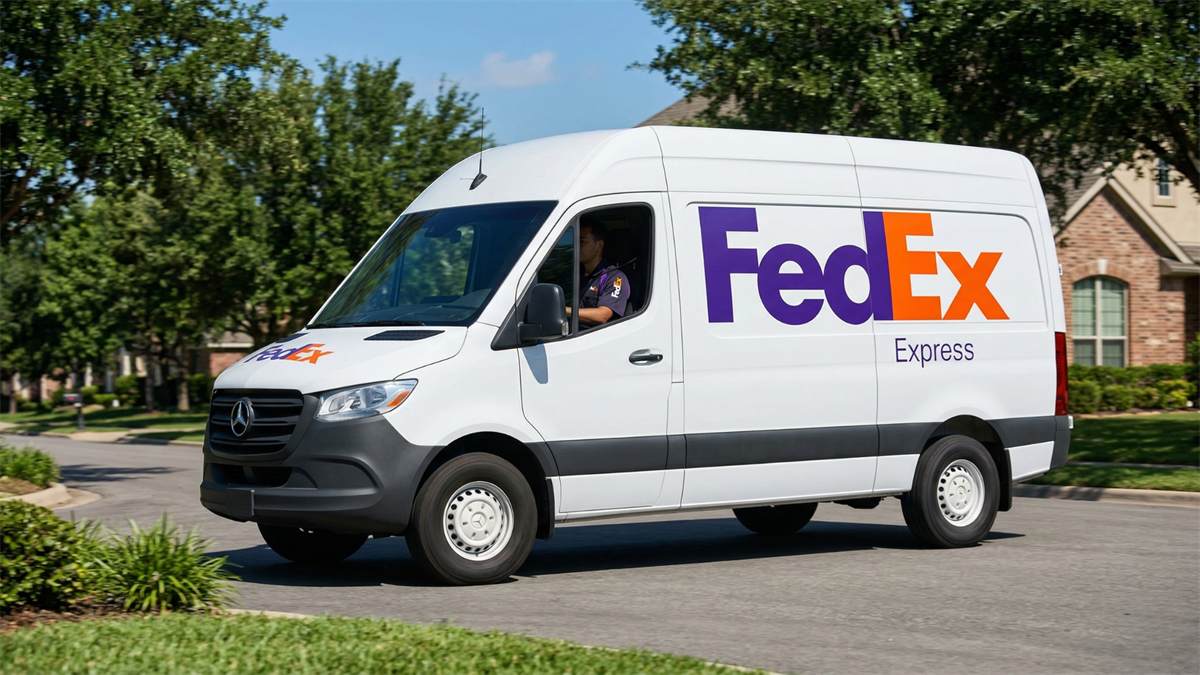 FedEx delivery van on suburban street, illustrating logistics business amid corporate spin-off strategy.