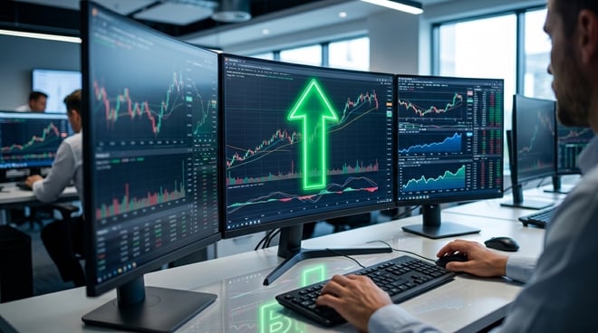 Trader's desk with glowing green arrow signal on multi-monitor setup in a busy financial office.