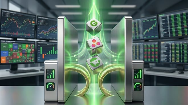 Stylized illustration of metallic cubes bearing tech company logos passing through a glowing green financial gateway with stock charts in the background.