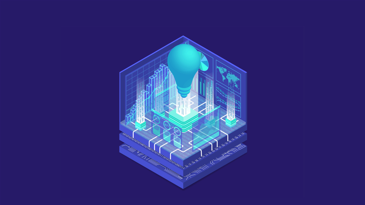 Disruptor concept photo semiconductor with lightbulb, purples and blues