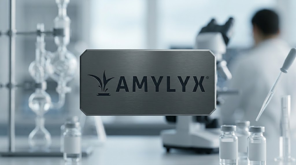 Amylyx Pharmaceuticals logo displayed over a blurred laboratory setting with vials and a microscope.