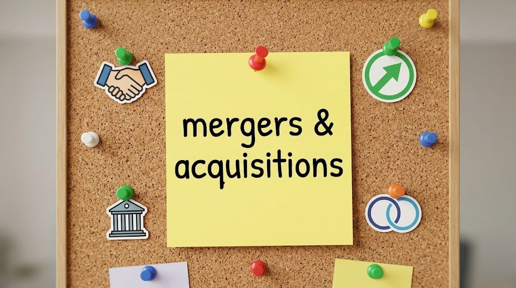 A yellow sticky note reading "mergers and acquisitions" pinned to a corkboard with colorful pushpins and financial icons.